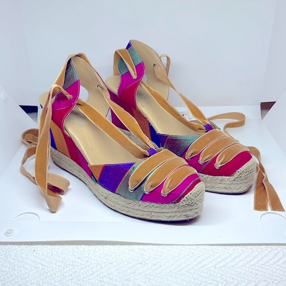 Carmen Saiz 9 made in Spain Euro 40 wedge Silk shoe leather Velvet ankle ribbon - Picture 2 of 16